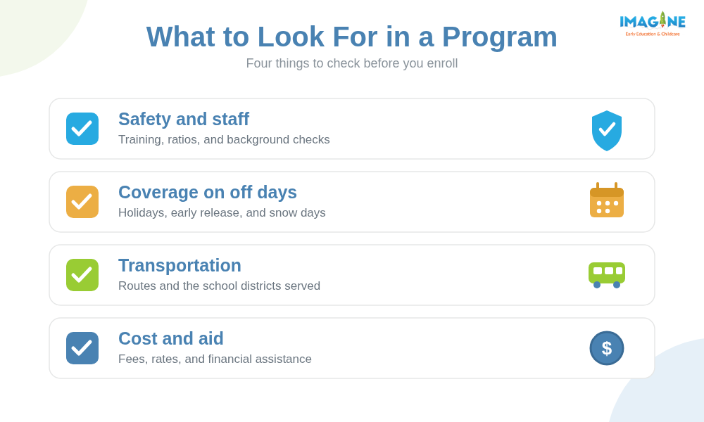 Infographic checklist of what to look for in a before and after school program, including safety and staff, coverage on off days, transportation, and cost and financial aid.
